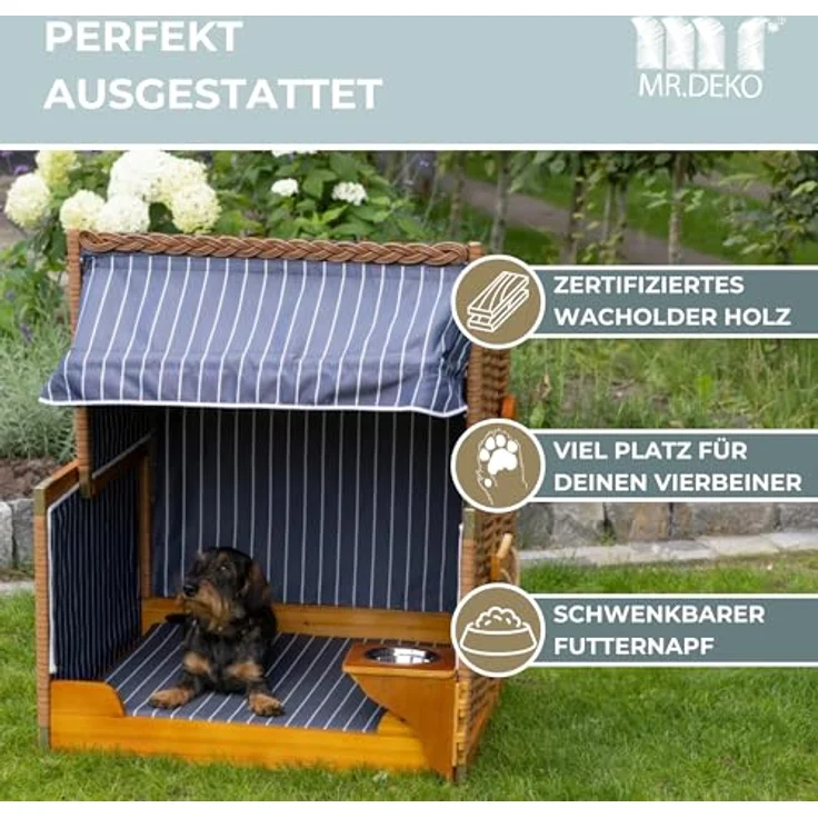 MR. DEKO® Hundestrandkorb Wacholder PE Beige, Dessin blau gestreift, wetterfest mit Sonnenschutz, integrierten schwenkbaren Futternapf und Edelstahlwassernapf, für Hunde und Katzen, Maße 80 x 65 x 95 cm – Bild 5