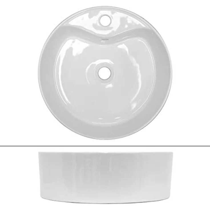 ECD Germany Waschbecken Waschtisch Ø 460 x 155 mm aus Keramik Weiß inkl. Ablaufgarnitur für Waschbecken mit Überlauf Aufsatzbecken Aufsatzwaschbecken Aufsatzwaschtisch Waschschale Spülbecken Becken – Bild 2