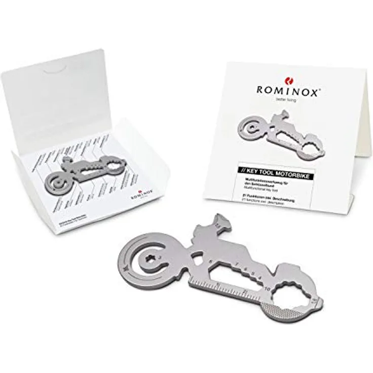 ROMINOX Key Tool Motorbike, Multitool mit 21 Funktionen, Edelstahl Schlüsselanhänger für Motorrad und Bike, Einkaufswagenlöser, Flaschenöffner, Maßstab