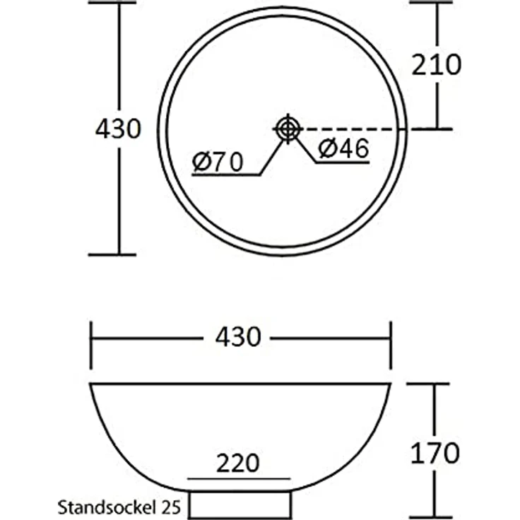 NEG Aufsatzwaschbecken Uno20A (rund) (weiß) - Sanitärkeramik mit Nano-Beschichtung, Überlauf, 430 x 170mm (Durchmesser x Höhe) – Bild 6