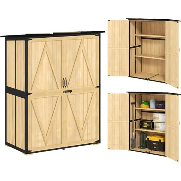 Outsunny Gartenschrank, Geräteschuppen aus Holz mit 2 Türen, wetterfest und abschließbar, Regale und Asphalt-Pultdach, 140 x 74 x 173 cm, Naturholz – Bild 1