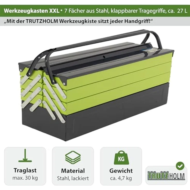 TRUTZHOLM Werkzeugkoffer Werkzeugkiste XXL 7 Fächer 53x20x27,5 cm aus Stahl lackiert klappbarer (einteilig) – Bild 2