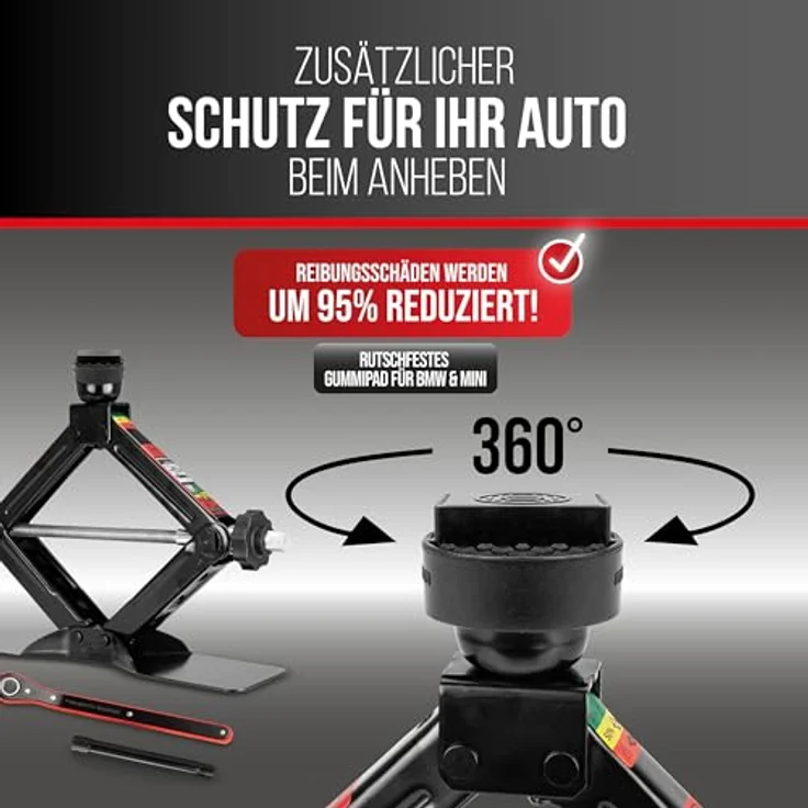 HEYNER® Scherenwagenheber Set 1,5 t für BMW 3er G20, Hubhöhe 112-395 mm, runder Sattel mit Gummiauflage, inkl. Ratsche, 17er Nuss, Drehknauf, großer Standfuß & Tasche – Bild 8
