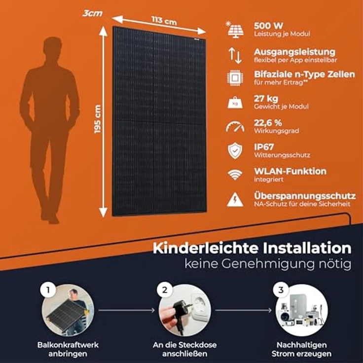 Solarway® Balkonkraftwerk 1000Wp/800W mit 1,9kWh EcoFlow STREAM Max Speicher, 2 x 500W bifaziale Solarmodule, komplettes Set inklusive Zubehör, schwarz – Bild 9