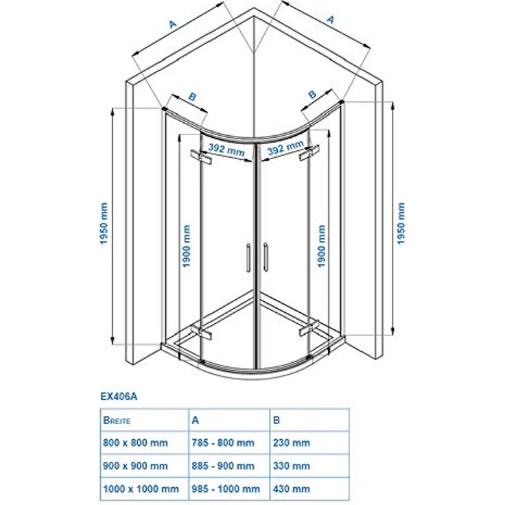 NEXTREND Duschkabine EX406A, Viertelkreis mit Drehtür aus 6 mm Nano ESG-Sicherheitsglas, wählbare Größe 80x80cm oder 90x90cm – Bild 7