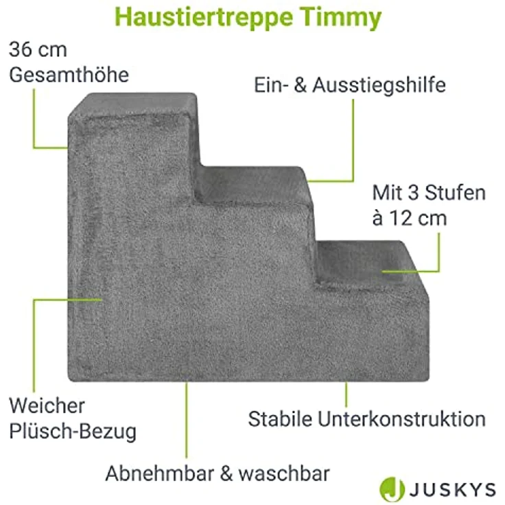 Juskys Haustiertreppe Hundetreppe 36 cm - Treppe 3 Stufen Plüsch-Bezug waschbar - Katzentreppe Hunderampe für Bett, Sofa, Couch und Auto - Bezug Grau – Bild 3