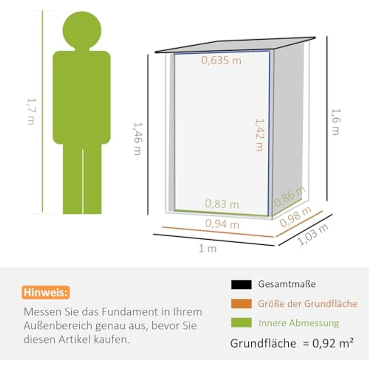 Outsunny Gerätehaus aus Stahl, 0,92 m² Geräteschuppen mit Pultdach Gartenschrank abschließbar, Gartenschuppen für Balkon, Terrasse, 100 x 103 x 160 cm, Braun – Bild 5