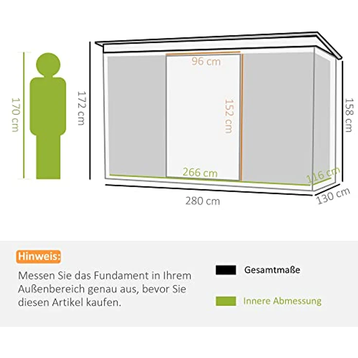 Outsunny Gerätehaus, Gartenhaus, Geräteschuppen mit Schiebetür, Lüftungsfenster, Pultdach, Outdoor, Stahl, Dunkelgrün, 280 x 130 x 172 cm – Bild 3