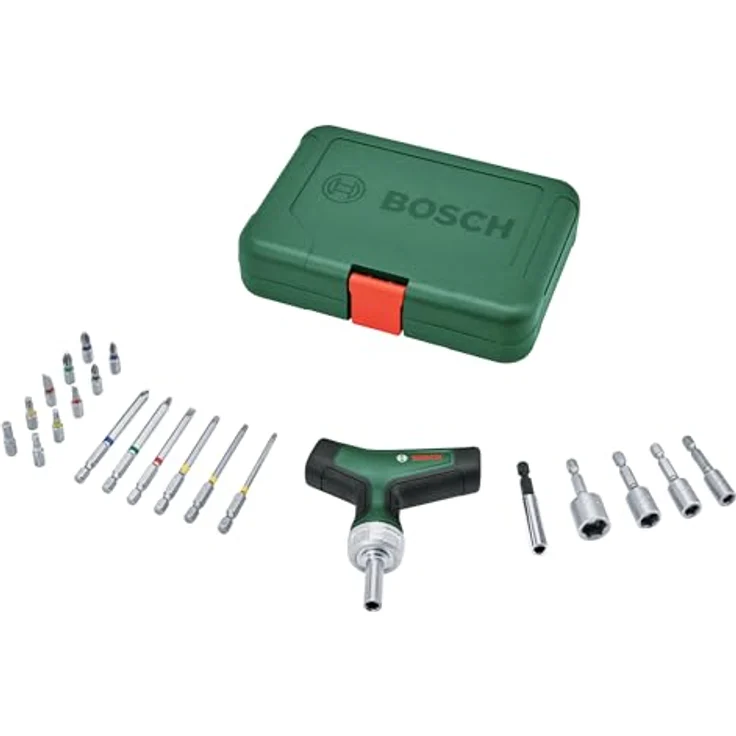 Bosch Bit-Ratschenschraubendreher T-Griff Set, 22-tlg. (max. Drehmoment 46 Nm; Getriebe mit 36 Zähnen; Magnetischer Bithalter; T-Griff mit Softgrip; 16 Bits S2-Stahl; 4 Steckschlüssel; Koffer) – Bild 1