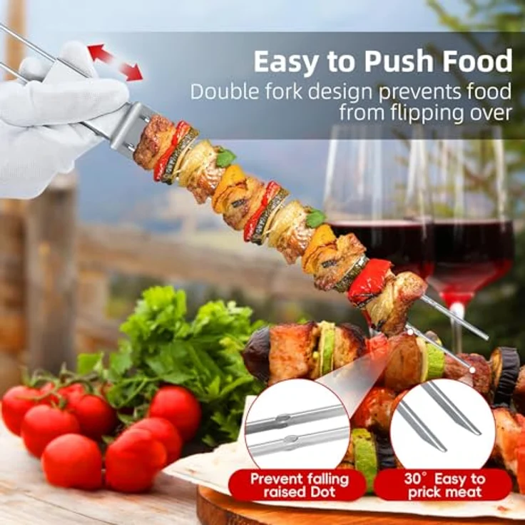 Dailyart Schaschlikspieße Edelstahl, 33 cm (6 Stück) – Zweizinkige BBQ-Flachspieße, extra breit 5 mm und 2 mm dick, rostfrei, ergonomischer Holzgriff, spülmaschinengeeignet – Bild 2