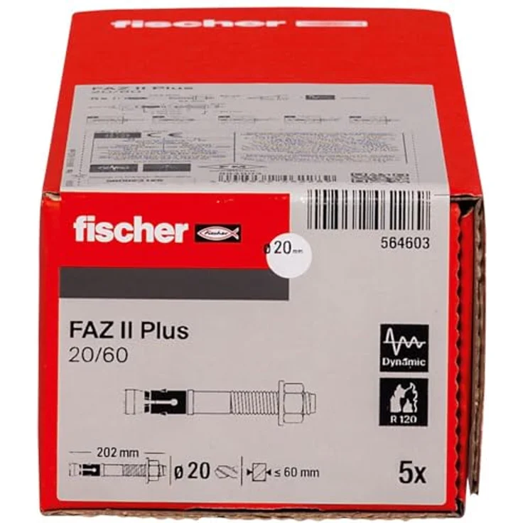 Fischer FAZ II Plus 20/60 Bolzenanker, Stahlanker für hohe Tragfähigkeit, 202mm, 20mm, 5 Stück – Bild 2