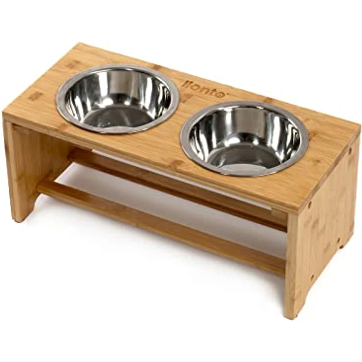 lionto erhöhter Hundenapf Futterstation für Hunde Futterbar für Haustiere aus Bambus 2 Näpfe aus Edelstahl rutschfest, (M) 44x20x19 cm – Bild 1