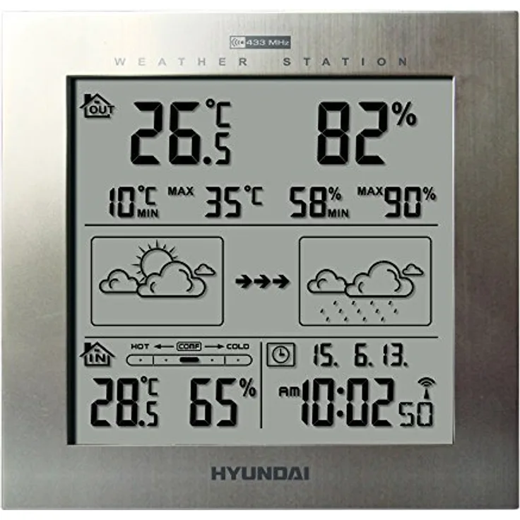 Hyundai HYUWS2244M Wetterstation, Silber, mit Innen- und Außentemperaturanzeige, Luftfeuchtigkeitsmessung und Wettervorhersage