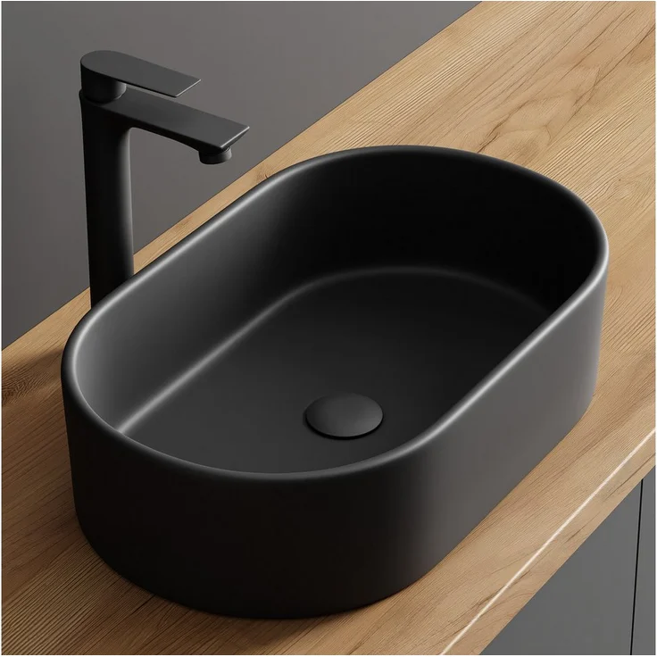 Planetmöbel Aufsatzwaschbecken Aquil Elegant, ovales Badezimmer Waschbecken 55 cm, schwarz, matte Oberflächenoptik