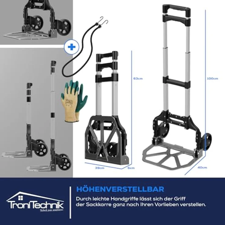 TroniTechnik Sackkarre Transportkarre Handkarre Handwagen, klappbar bis 80kg Tragfähigkeit, mit rutschfester Transportfläche und Tragegriff, faltbar - Preisvergleich – Bild 6