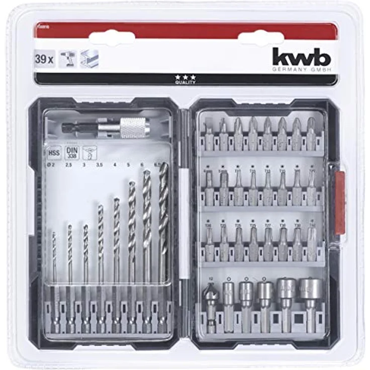 kwb 108910 L 39-teilige Bohrer-Box m. Sechkant-Schaft, 8 x HSS Metallbohrer und Bits PH, PZ u. Torx im Set inkl. Senker, Bithalter u. Steckschlüsselbits – Bild 5