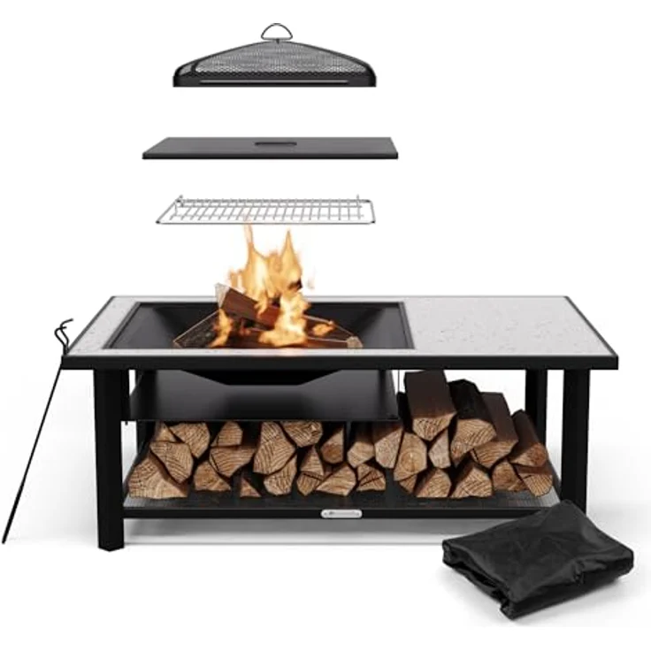 Blumfeldt Merano Avanzato L Feuerschale, 3-in-1 mit Grillrost & Tisch, robuster Stahlrahmen, elegante Terrazzo-Tischplatte, inkl. Funkenschutz, Schürhaken & Deckel, für Garten & Terrasse – Bild 1