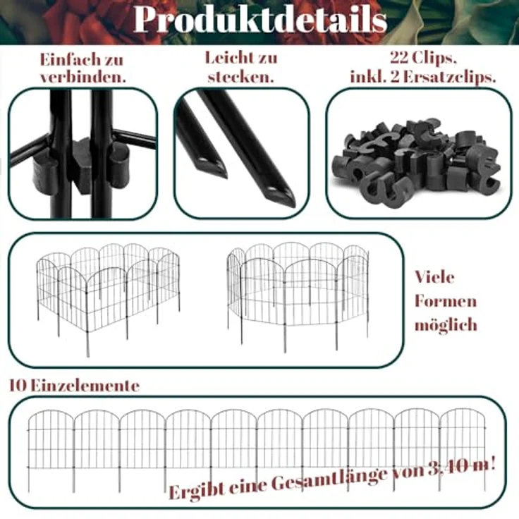V2Aox Steckzaun Gartenzaun, 10 Elemente 43 cm hoch, flexibler Metall Gitterzaun mit Oberbogen, schwarz – Bild 4