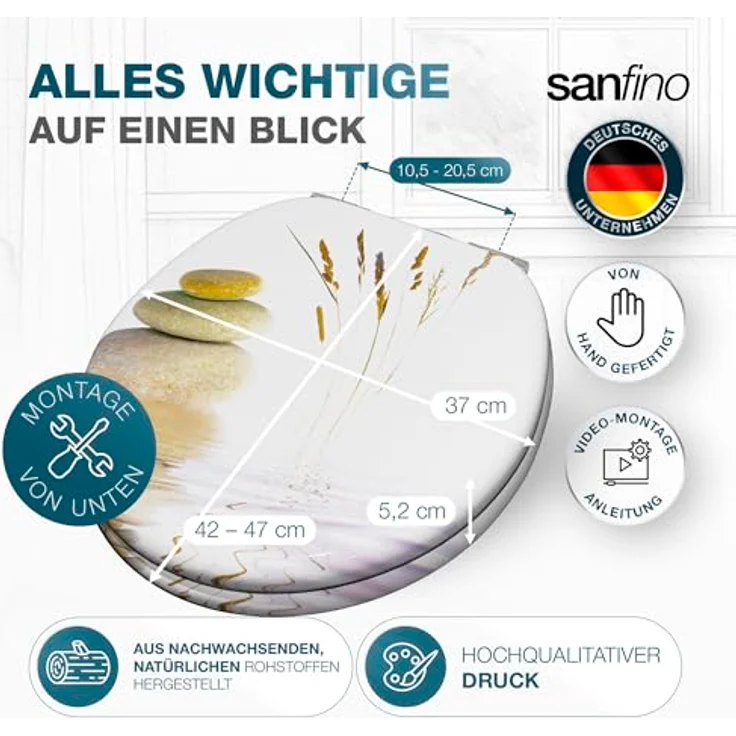 Sanfino WC Sitz Balance ll, Toilettendeckel aus Holz mit Absenkautomatik, Design in Weiß-Flieder mit Stein-Motiv, verchromte Metallscharniere – Bild 7