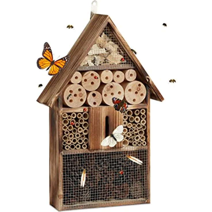 Relaxdays Insektenhotel 50 cm groß, Zum Aufhängen, Bienenhotel und Schmetterlingshaus, Geflämmtes Holz, natur – Bild 1