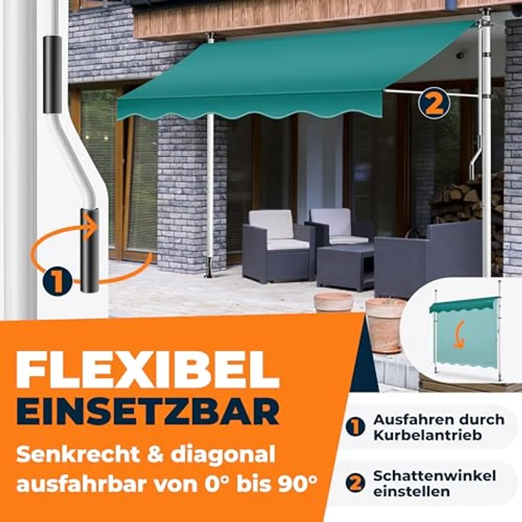 KESSER® Klemmmarkise mit Handkurbel, UV-beständig & wasserabweisend, höhenverstellbar, Montage ohne Bohren, 250cm für Balkon, Terrasse & Garten – Bild 2