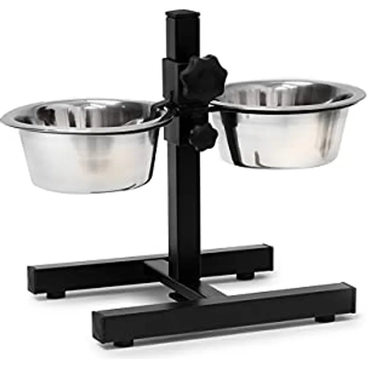Relaxdays Futterstation Hund, 0,8l Edelstahlnäpfe, Napfständer höhenverstellbar HBT 27 x 36 x 21,5cm, rutschfest, silber