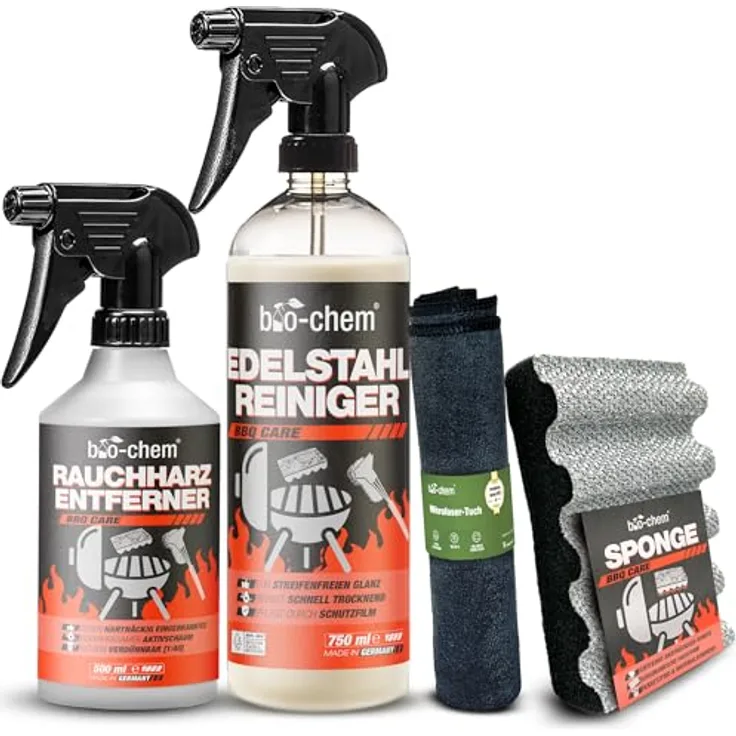 bio-chem Grillreiniger Set, 4-teilig mit Rauchharz-Entferner, Edelstahlreiniger, Grillschwamm und Mikrofasertuch für starke Reinigung von Grill, Gasgrill und Gusseisen