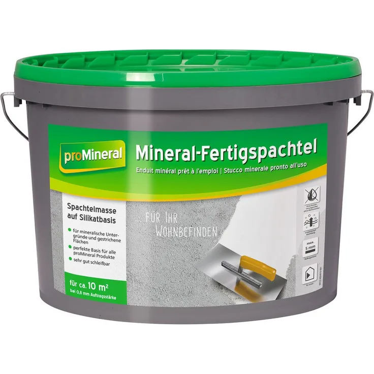 proMineral Mineral-Fertigspachtel 15 kg, lösemittelfrei, weichmacherfrei, konservierungsmittelfrei, für Innenanwendung