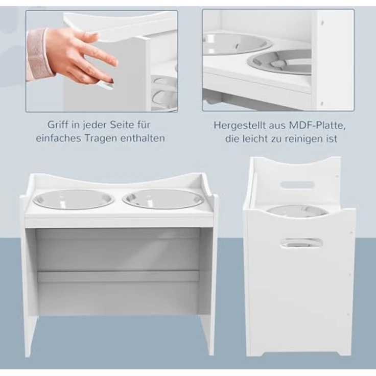 PawHut Futternapf Höhenverstellbar, Erhöhtes Futterstation mit 2L Futterschale aus Edelstahl, mit Futterständer, Griff, Hundebar für alle Hundegrößen, Weiß – Bild 4