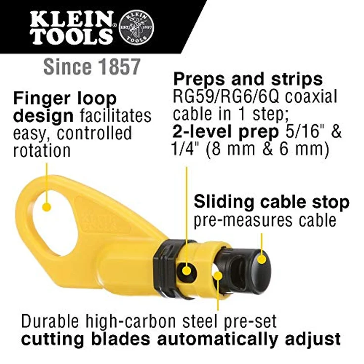 Klein Tools VDV110-061 Abisolierwerkzeug für Koaxialkabel, 2 Stufen einstellbar, radial, Gelb-schwarz – Bild 3