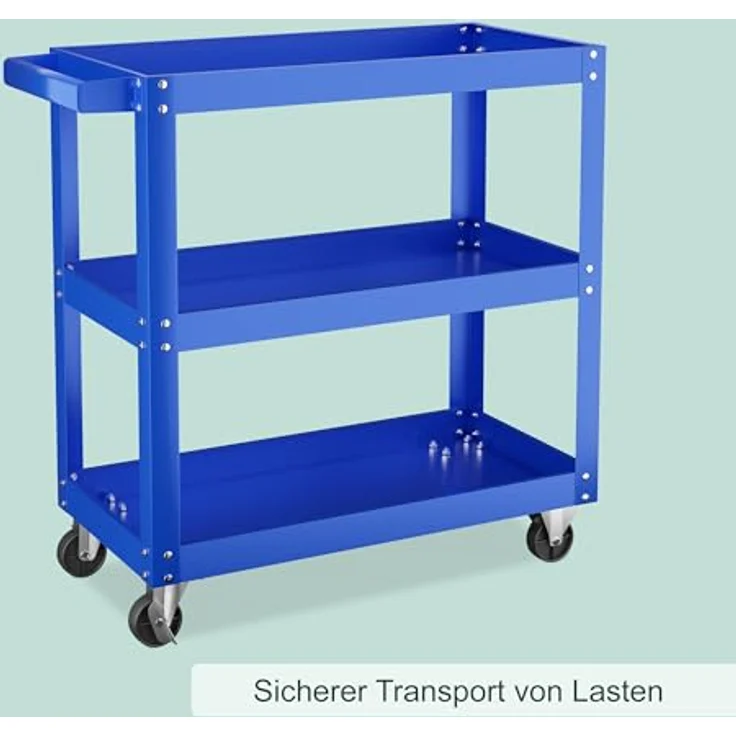 Relaxdays Werkstattwagen, mobiler Werkzeugwagen mit 3 Ablagen, bis 100 kg belastbar, HBT: 76x78x35 cm, blau – Bild 5