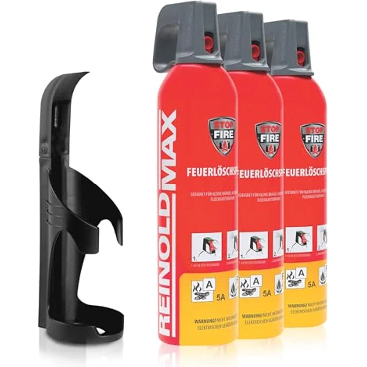 XENOTEC Premium Feuerlöschspray Stopfire, 3 x 750ml, Wandhalterung schwarz, wiederverwendbar, löscht Brandklassen A, B, E, F – Bild 1