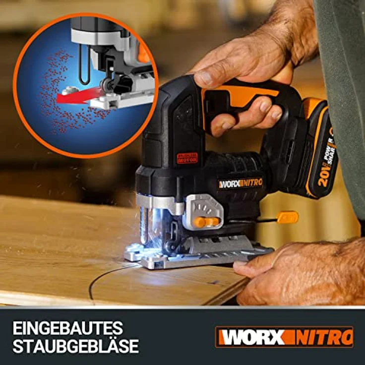 WORX NITRO WX542.9 Akku-Pendelhub-Stichsäge 20V - Bürstenloser Motor - Profi Stichsäge mit Absaug-Adapter - Ideal auch für Gehrungsschnitte - PowerShare kompatibel - ohne Akku & Ladegerät – Bild 4