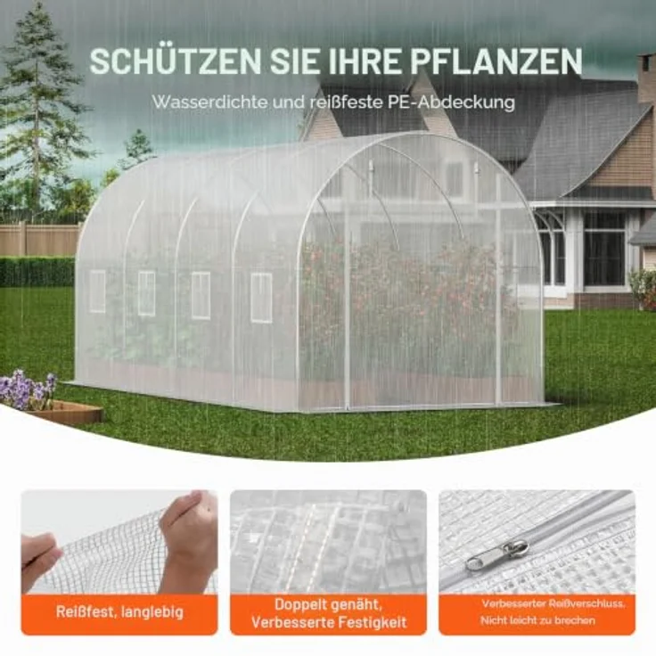 VEVOR Foliengewächshaus 445 x 194 x 192 cm, Tomatengewächshaus mit verzinktem Stahlrahmen, weißer PE-Abdeckung, aufrollbarer Reißverschlusstür und 8 Fenstern für optimierte Belüftung – Bild 3