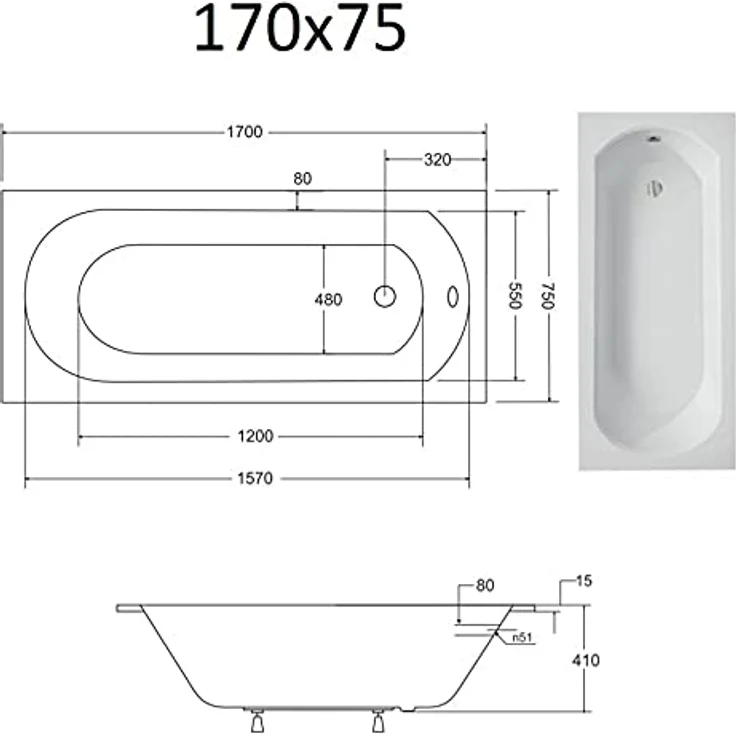 Besco BADLAND INTRICA Badewanne 170x75 cm, Rechteckige Acryl Wanne mit Weiß Acrylschürze, Füßen und Chrom Automatik Ablaufgarnitur, Made in EU 4in1 – Bild 4