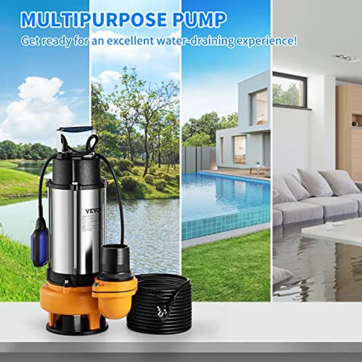 VEVOR Schmutzwasserpumpe Tauchpumpe 2200W, Durchfluss 60000L/h, max. Hub 18m, IPX8, mit variablen Schwimmerschalter – Bild 2