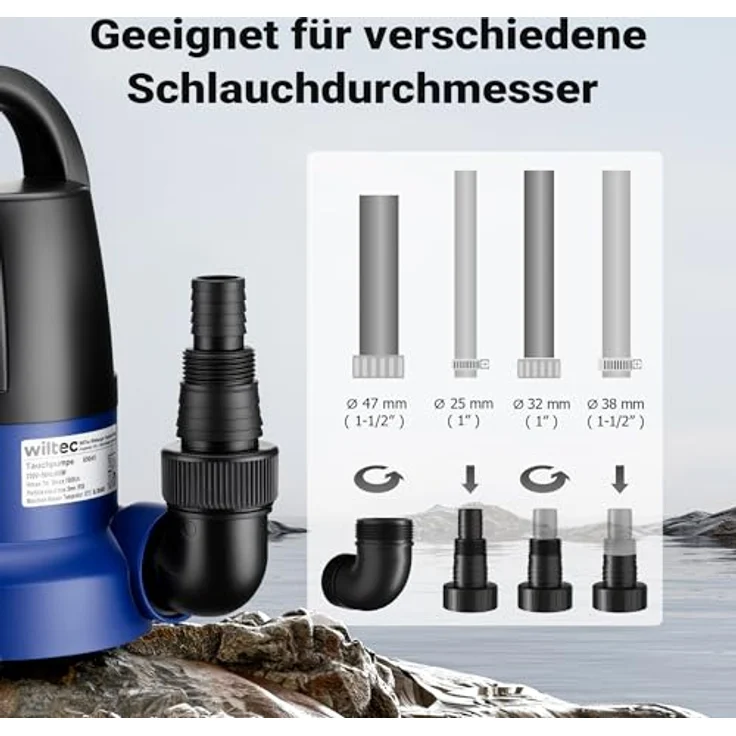 Wiltec Tauchpumpe 400 W, Schmutzwasserpumpe mit max. Fördermenge 7000 l/h, Flachsaugpumpe für Keller – Bild 4
