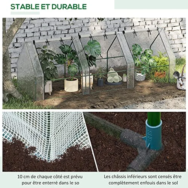 Outsunny Mini Gewächshaus Foliengewächshaus mit 3 Rollfenster, Wetterbeständige Frühbeet für Garten, Balkon, PE Folie, Stahl, Weiß, 270 x 90 x 90 cm – Bild 4
