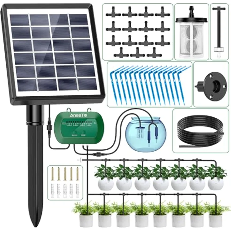 AnseTo Solar Bewässerungssystem, Automatischer Bewässerungscomputer mit 12 Timer-Modi und 15 Tropfschläuchen für Garten und Balkon