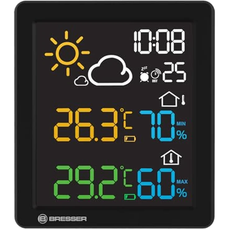 Bresser MeteoCast Pico Farbwetterstation, Thermo-Hygro-Außensensor mit Max./Min.-Wertspeicher, DCF-gesteuerter Uhrzeit und Weckfunktion, Farbdisplay, schwarz – Bild 5