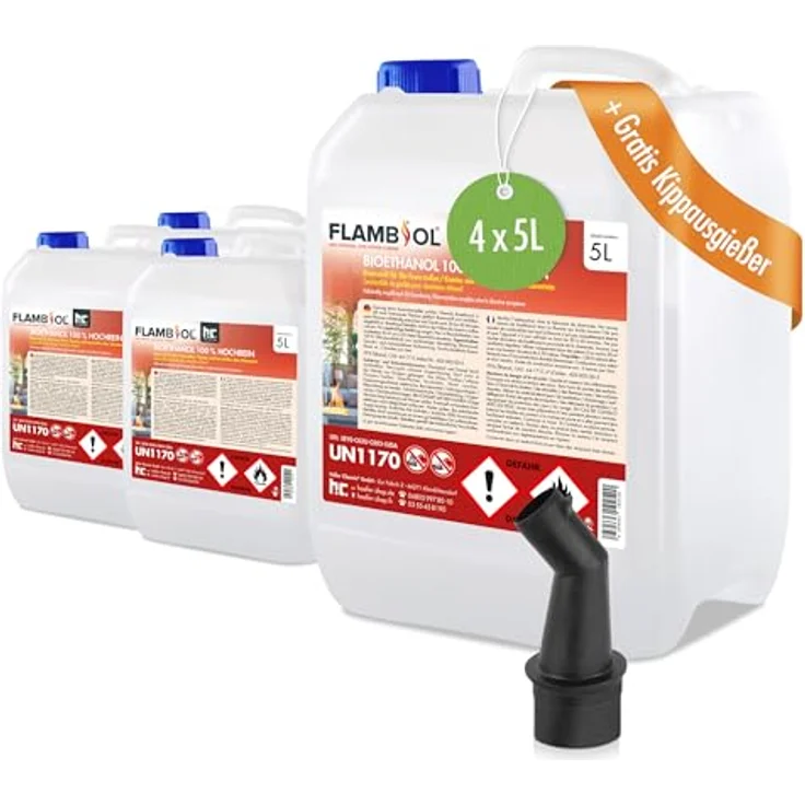 Höfer Chemie 4x 5 L FLAMBIOL® Bioethanol 100 % Hochrein, rückstandsfreie und geruchsfreie Verbrennung, bläuliche Flamme – Bild 2