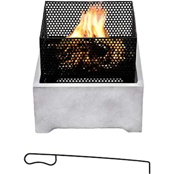 Teamson Home Garten Kleine 38 cm Quadratische Feuerstelle aus Holz, Gartenmöbel, Kaminofen, Feuerstellenheizung, Holzbrenner aus Metall mit Schürhaken, grau/schwarz