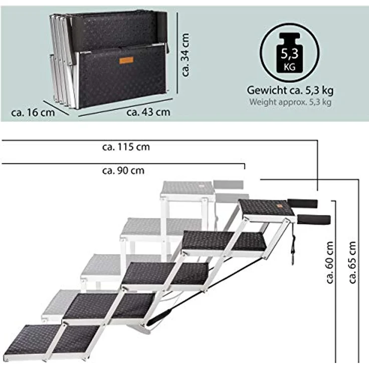 ONVAYA® Hundetreppe faltbar | 5 Stufen | Hunderampe Einstieghilfe für Autos oder hohe Betten | klappbare Haustiertreppe | stabile Hundeleiter | praktisch & leicht | für bis zu 60 kg – Bild 2