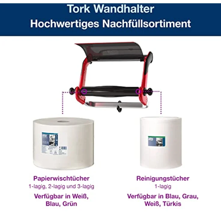 Tork Papierhandtuchspender W1, Wandhalterung für Großrollen bis 43 cm Breite, rot/schwarz, robuste Metallkonstruktion mit glasfaserverstärkter Abreißkante – Bild 3