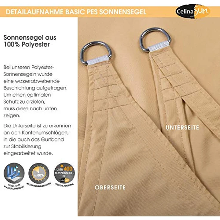CelinaSun Sonnensegel inkl Befestigungsseile PES Basic Dreieck gleichseitig 3 x 3 x 3 m sandbeige Sonnenschutz wasserabweisend – Bild 2