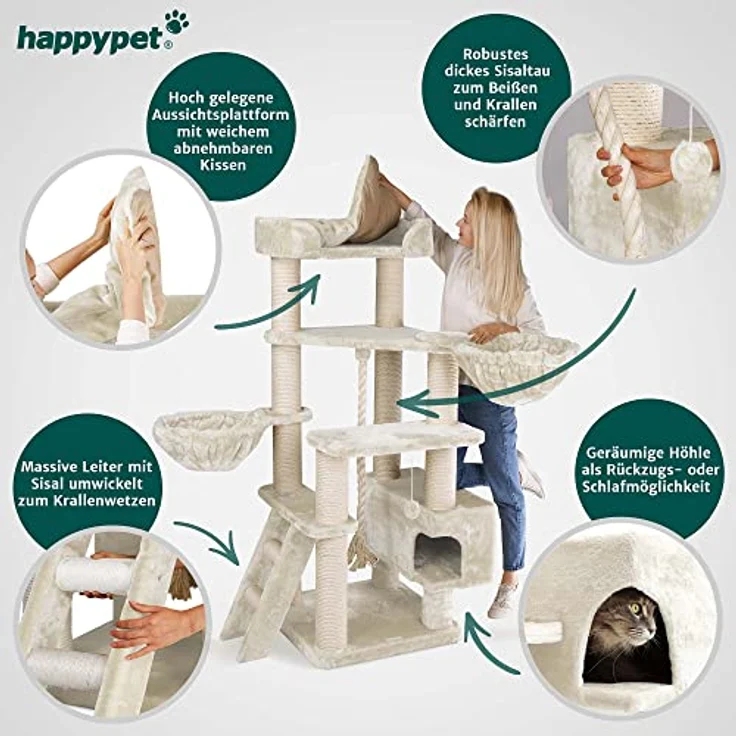 HAPPYPET Kratzbaum Grosse Katzen stabil 'Jacob' - 156 cm hoch, Kletterbaum XXL, 47 kg Premium Qualität, 12 cm Dicke Stämme, Liegemulde & Höhle, geprüftes Holz, schwere Katzen Maine Coon, Creme – Bild 5