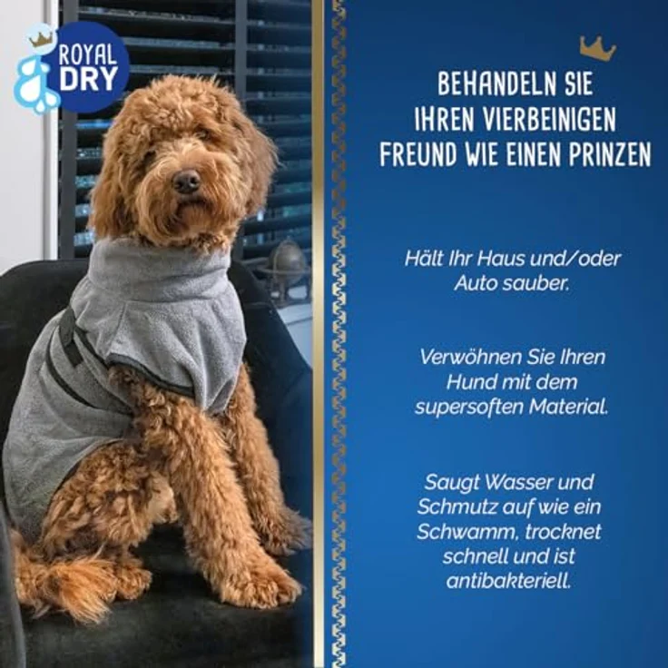 Royal Dry XL Bademantel für Hunde, Mikrofaser-Handtuch, Rückenlänge 70-80 cm, grau, schnell trocknend mit Klettverschluss – Bild 2