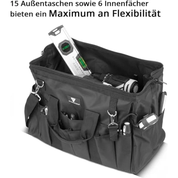 STAHLWERK Werkzeugtasche XXL, robuste Installateur-Tasche mit 15 Außenfächern, 6 Innenfächern, Tragegriff und Schultergurt, strapazierfähiges Polyester-Gewebe – Bild 3