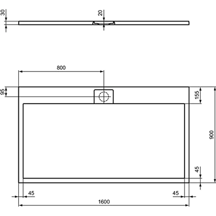 Ideal Standard Ultra Flat S i.life, rechteckige Duschwanne 160 x 90 cm aus Harz, mattes Finish in Steinoptik, Weiß, rutschfest mit Ablaufgarnitur – Bild 2