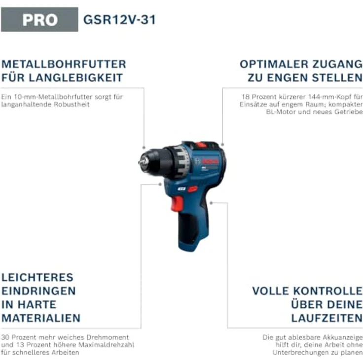Bosch Professional Akku-Bohrschrauber GSR12V-31, 2x GBA12V-20, 25tlg. Schrauberbit-Set in Werkzeugtasche, kompakt und ergonomisch – Bild 2